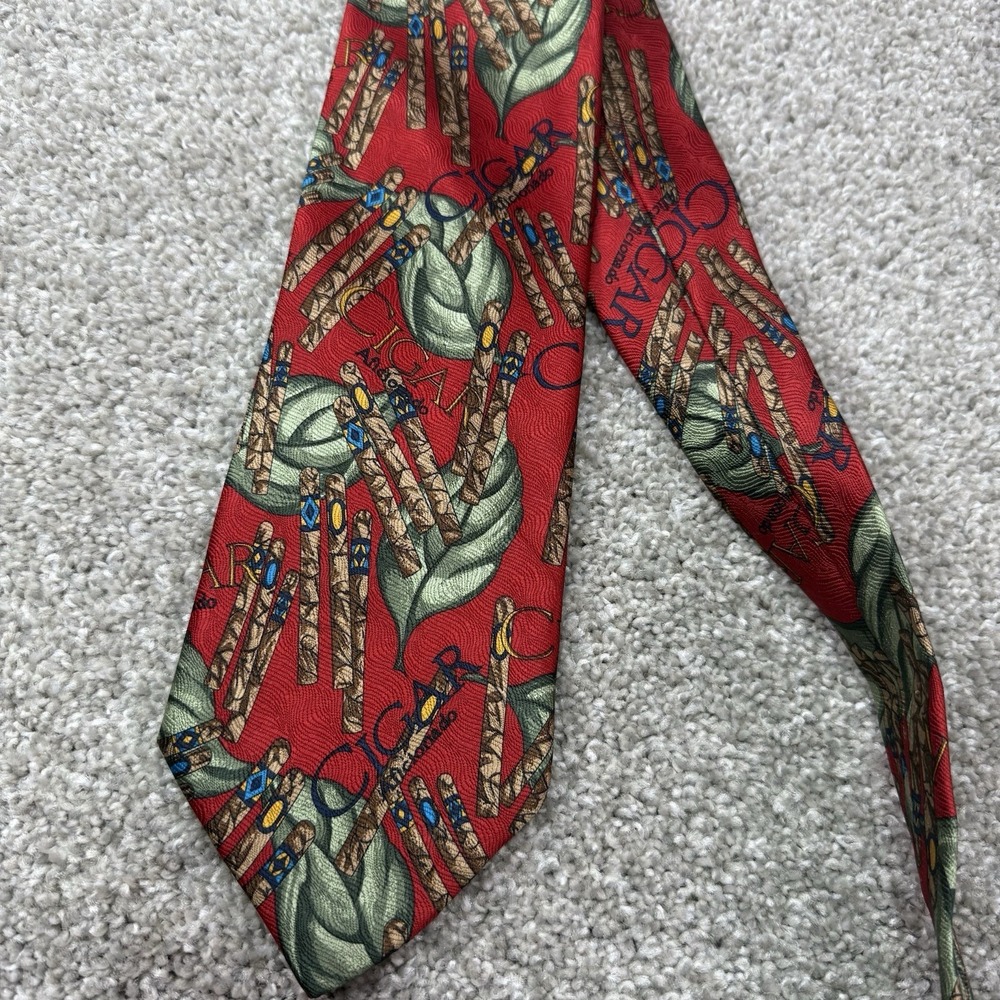 LAURA PEARSON Tie CIGAR‎ AFICIONADO RED GREEN BROWN SILK TIE ITALY